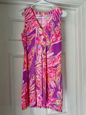 Lilly Pulitzer Pink & Purple Tropical Print V-Neck Shift Dress